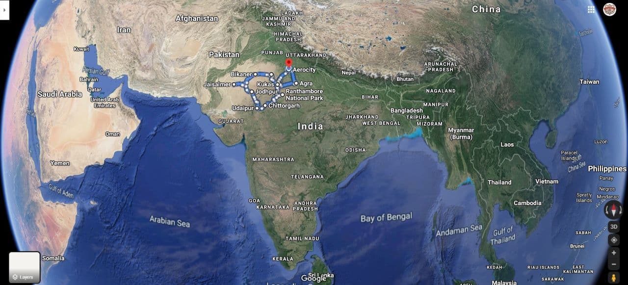 Route Map for India Motorcycle Tour Co.'s "Tiger & The Taj" Rajasthan Tour